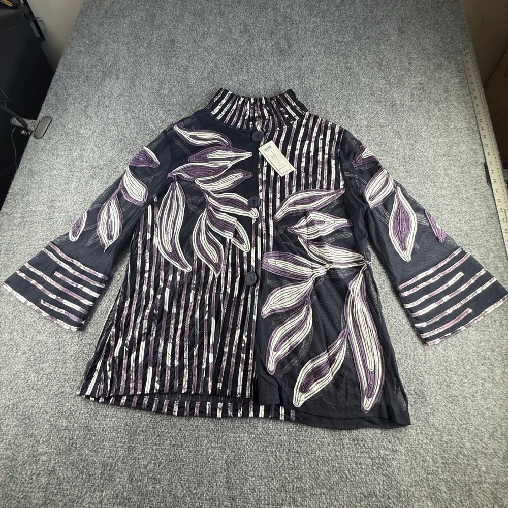 Chicos Travelers Printed Stripe Floral Embroidery Jacket Multi 3 XL NEW